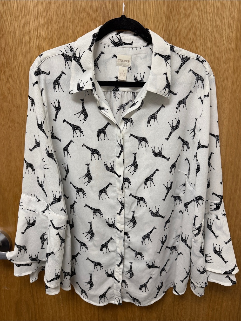 Chico's White Button-Up Shirt with Whimsical Black Giraffe Print Size XL or 3